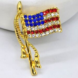 RED White and Blue Crystal Rhinestones Flag Brooch 4th of July